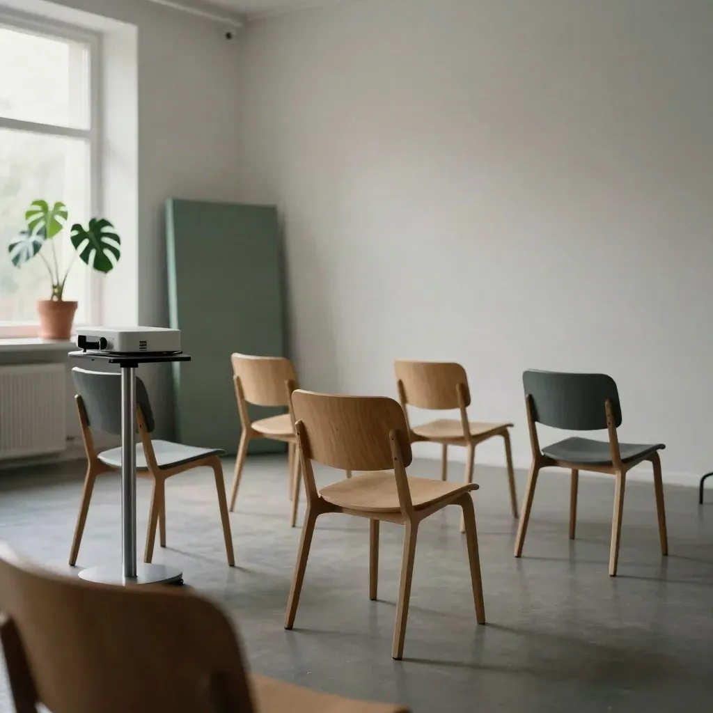 Tomt ledningsrum med stolar, projektorglöd och en planta vid fönstret.