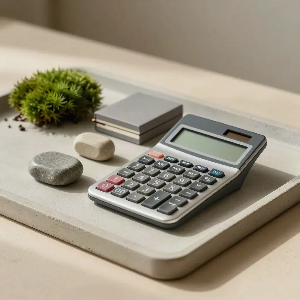 Kalkylator, boklåda, två stenvikter och en liten planta på ljus bricka.